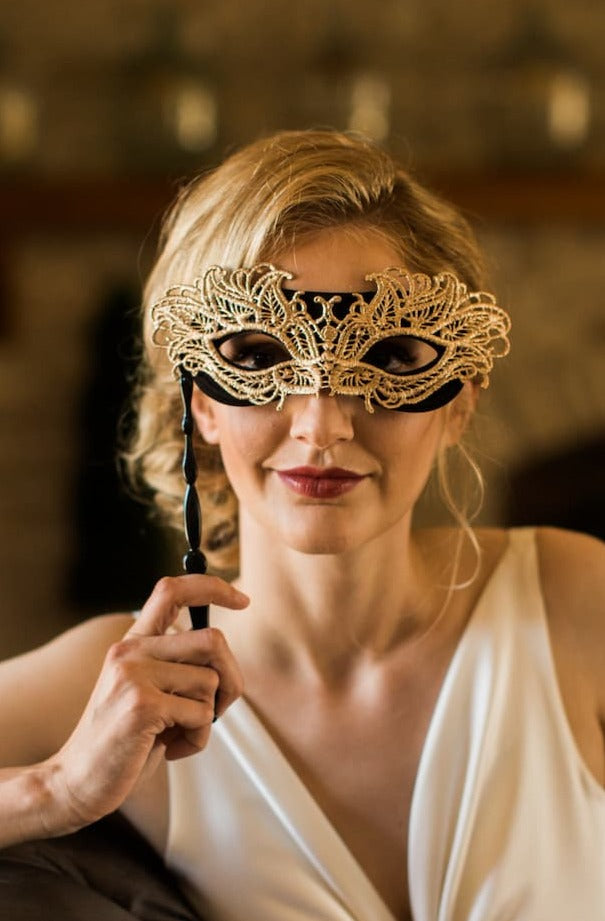 Women's Masquerade Mask Handheld Stick Lace Gold | Masquerade Store